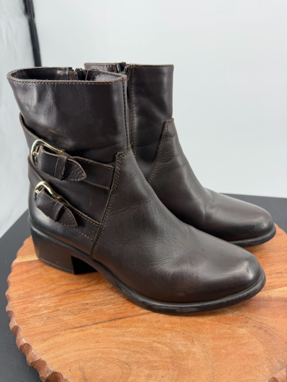 EMANUELE CRASTO Italy Made brown Italian Leather Boots Double Buckle‎ 38 7.5-8